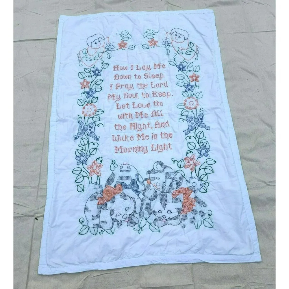 Handmade Baby Quilt Embroidered Prayer Angels Puppies Flowers Now I Lay 37